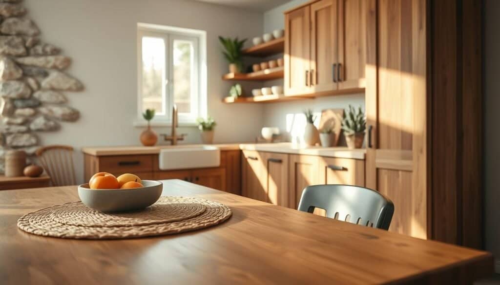 A harmonious kitchen scene showcasing the elegant blend of wood and natural materials. In the foreground, a sturdy wooden dining table with a rich, warm finish, adorned with a rustic woven placemat and ceramic dish filled with fresh fruits. The middle ground features cabinets crafted from reclaimed wood next to shelves displaying curated greenery, such as small potted herbs and natural stoneware. Sunlight filters through a window, casting soft shadows that enhance the textures of wood and earthy tones. The background showcases a calming palette of stone and green, creating a serene atmosphere. Capture this scene with a soft-focus lens to evoke a gentle morning mood, emphasizing harmony and simplicity in home décor.