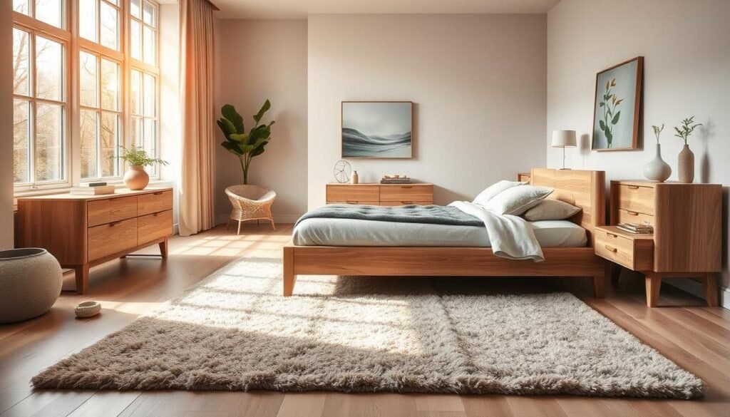 A modern bedroom featuring elegant wooden furniture, including a sleek bed frame made of light oak, paired with natural wood side tables. The room is softly lit with warm natural light streaming through large windows, illuminating the grain of the wood and casting gentle shadows. In the foreground, there’s a plush area rug in neutral tones, enhancing the cozy atmosphere. The middle ground showcases a linen bedspread and decorative cushions, while a stylish wooden dresser with minimalistic decor adds interest. In the background, a serene nature-inspired artwork hangs on the wall. The overall mood is tranquil and inviting, creating a space that feels rejuvenating and connected to nature.