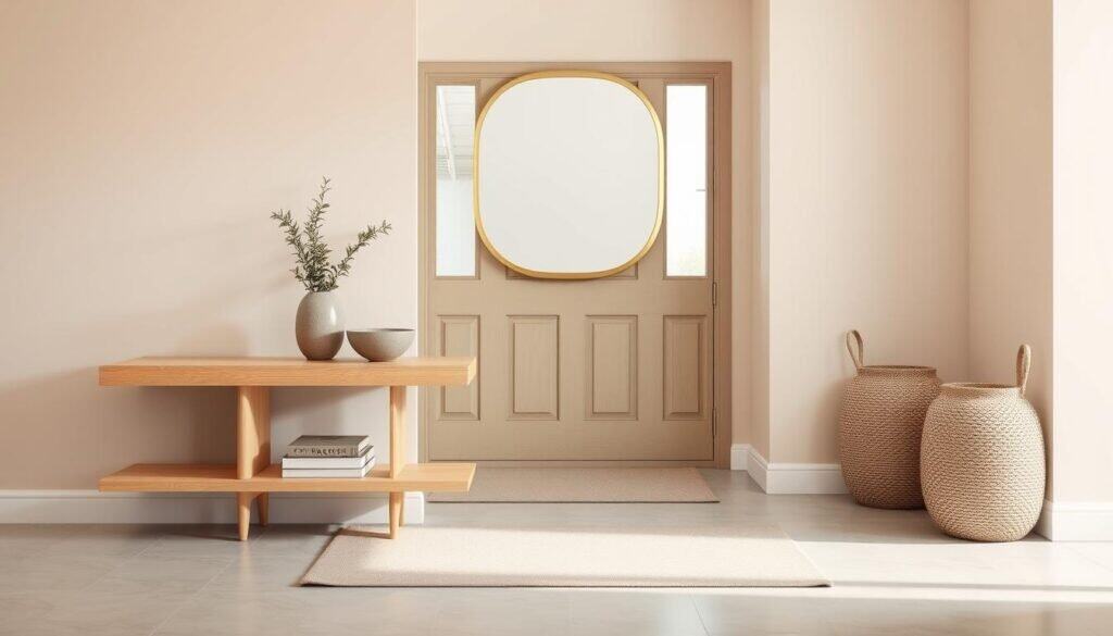 A modern entryway featuring a spacious design with neutral decor elements. In the foreground, a stylish, minimalist console table made from light wood rests against a soft, beige wall. On the table sits a small potted plant and a decorative bowl, both in muted tones. In the middle ground, an elegant mirror framed in brushed gold reflects the soft morning light filtering through a frosted glass door. To the sides, a pair of modern, woven baskets provide additional storage. The background showcases a subtle runner rug with geometric patterns, complemented by light gray flooring. The scene is illuminated by warm, diffused lighting, creating a welcoming and serene atmosphere, perfect for inviting guests into a contemporary home. No text or logos present.