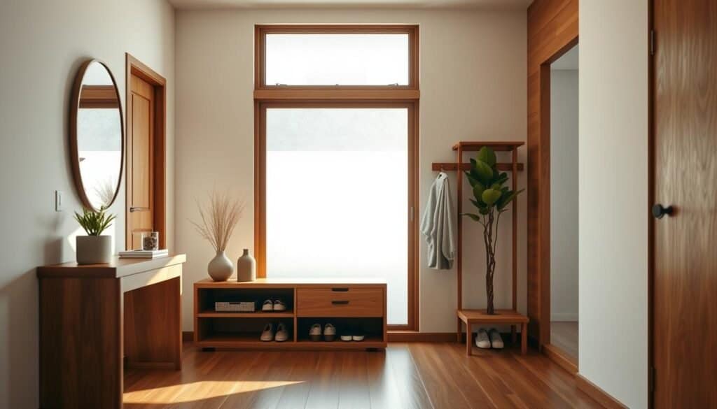 A modern entryway featuring warm wood accents that exude a welcoming and serene atmosphere. In the foreground, a sleek wooden console table displays a small potted plant and decorative items. The middle ground showcases a stylish coat rack made of rich hardwood, with matching wooden shoe storage tucked underneath. Natural light filters in through a large, frosted window in the background, highlighting the textures of the wooden elements. The walls are painted in soft, neutral tones to create contrast with the wood. A subtle touch of greenery, like a tall indoor plant in the corner, enhances the inviting feeling. The scene is captured from a slightly elevated angle, emphasizing depth and creating a cozy, harmonious entrance. Overall, the mood is warm, inviting, and well-designed, perfectly reflecting the theme of first impressions. A modern entryway featuring warm wood accents that exude a welcoming and serene atmosphere. In the foreground, a sleek wooden console table displays a small potted plant and decorative items. The middle ground showcases a stylish coat rack made of rich hardwood, with matching wooden shoe storage tucked underneath. Natural light filters in through a large, frosted window in the background, highlighting the textures of the wooden elements. The walls are painted in soft, neutral tones to create contrast with the wood. A subtle touch of greenery, like a tall indoor plant in the corner, enhances the inviting feeling. The scene is captured from a slightly elevated angle, emphasizing depth and creating a cozy, harmonious entrance. Overall, the mood is warm, inviting, and well-designed, perfectly reflecting the theme of first impressions.
