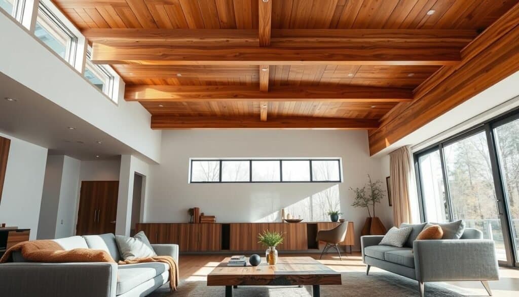 A modern living room featuring an elegant wooden ceiling design, showcasing natural wood beams with a sleek, minimalist aesthetic. In the foreground, a stylish, low-profile sofa adorned with soft cushions and a warm throw, complemented by a sleek coffee table made of reclaimed wood. The middle section features large windows allowing soft, natural light to spill into the space, creating a warm and inviting atmosphere. In the background, light-colored walls contrast with the rich tones of the wooden ceiling, enhancing the sense of depth. The room is softly illuminated, highlighting the textures of the wood and creating a serene environment. Capture this scene from a slightly elevated angle, emphasizing the ceiling as a focal point, while maintaining a cozy, sophisticated mood throughout.