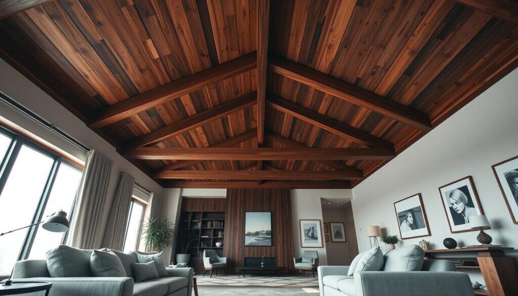 A modern living room featuring an elegant wooden ceiling design that exudes warmth and character. In the foreground, a stylish couch with soft cushions invites relaxation, flanked by contemporary side tables. The middle section showcases the striking wooden ceiling, made of rich, dark timber beams that create a cozy, inviting atmosphere. Soft, diffused light filters in through large windows, casting gentle shadows and highlighting the natural grain of the wood. The background includes tasteful decor items like a large area rug, potted plants, and framed artwork that complements the rustic design. The overall mood is serene and inviting, perfect for a cozy living space. The image is captured with a wide-angle lens to emphasize the spaciousness and intricate ceiling details.