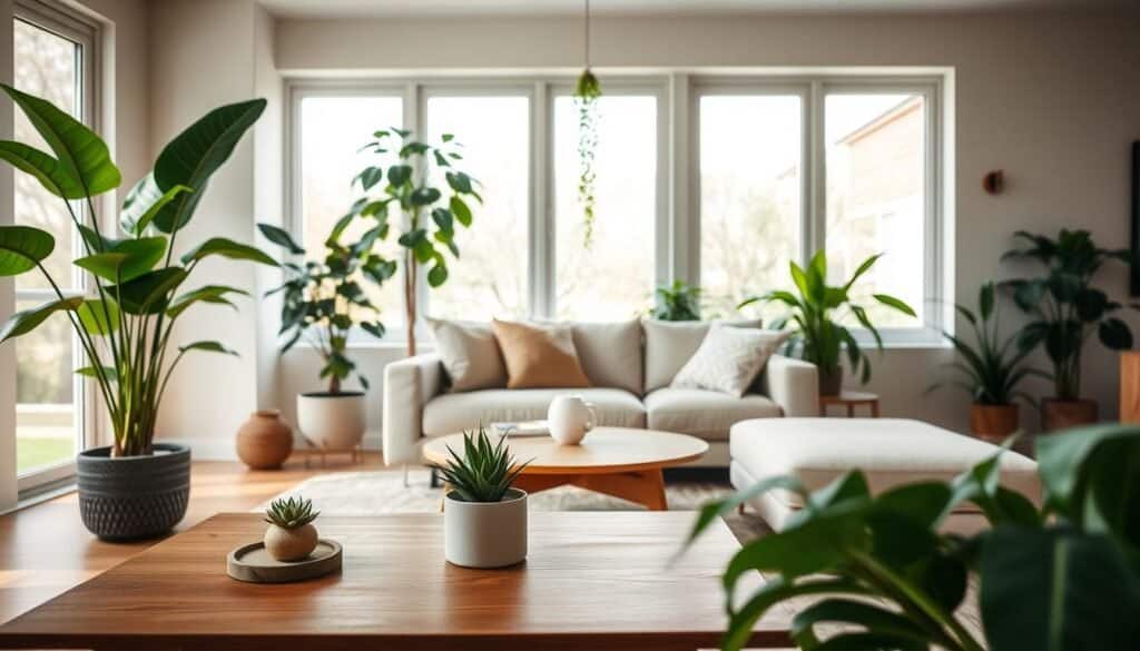 A modern living room featuring an inviting and refreshing design, with lush green plants strategically placed throughout. In the foreground, there's a mid-century wooden coffee table adorned with a small potted succulent and a stylish wooden coaster. The middle ground showcases a comfortable, contemporary sofa in light neutral tones, surrounded by vibrant indoor plants, like a tall fiddle leaf fig and a cascading pothos. In the background, large windows allow soft, natural light to flood the space, creating a warm and airy atmosphere. The walls are adorned with subtle wooden accents, adding texture and a touch of nature to the minimalist decor. The overall mood is serene and rejuvenating, perfect for a cozy gathering or a peaceful retreat.