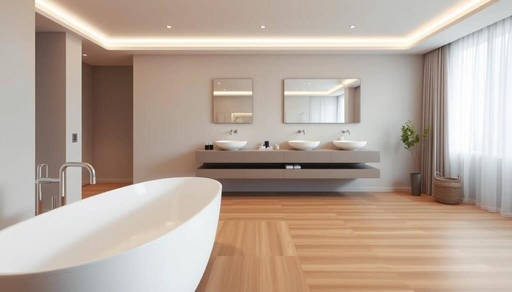 A modern neutral bathroom featuring a spacious layout with elegant design elements. In the foreground, a sleek white freestanding bathtub sits atop a warm, wooden floor. The middle ground showcases a floating vanity with dual sinks, adorned with simple, stylish accessories like geometric containers and a small plant for a touch of greenery. Soft, ambient lighting washes over the scene from recessed ceiling fixtures, creating a calming atmosphere. The background includes a large window with sheer curtains that allow natural light to filter in, highlighting the neutral palette of beige, gray, and soft whites. The decor remains minimal and clean, emphasizing a sense of tranquility and modern sophistication. The overall mood is serene and inviting, perfect for a contemporary home.