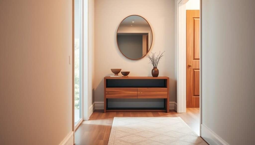 A narrow entryway showcasing a sleek console table made of rich, natural wood. The console table features clean lines and a minimalist design, adorned with a small potted plant and a decorative bowl. In the foreground, a soft area rug in neutral tones adds warmth, while a stylish mirror hangs above the table, reflecting soft ambient light from a nearby window. The walls are painted in a soft, inviting color, enhancing the space's openness. A subtle hint of greenery peeks in through the doorway, creating a refreshing atmosphere. The lighting is warm and diffused, highlighting the textures of the wood and decor. Capture this scene from a slightly elevated angle to emphasize the length of the entryway and the inviting feel of the space. A narrow entryway showcasing a sleek console table made of rich, natural wood. The console table features clean lines and a minimalist design, adorned with a small potted plant and a decorative bowl. In the foreground, a soft area rug in neutral tones adds warmth, while a stylish mirror hangs above the table, reflecting soft ambient light from a nearby window. The walls are painted in a soft, inviting color, enhancing the space's openness. A subtle hint of greenery peeks in through the doorway, creating a refreshing atmosphere. The lighting is warm and diffused, highlighting the textures of the wood and decor. Capture this scene from a slightly elevated angle to emphasize the length of the entryway and the inviting feel of the space.