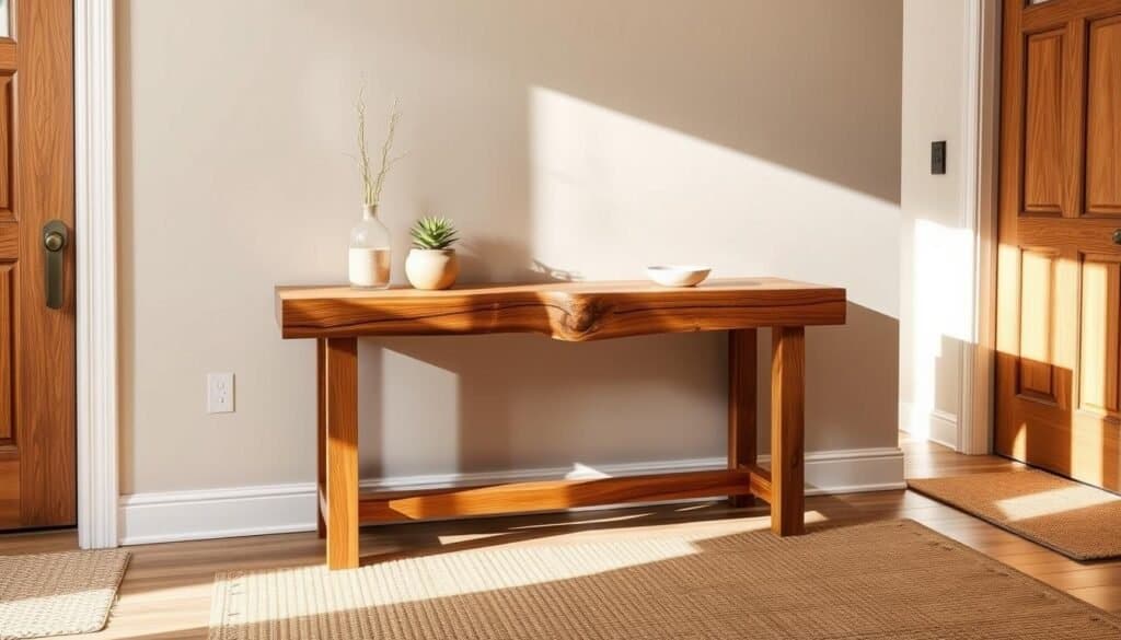A natural wood console table crafted from rich oak with a live edge, showcasing its organic contours and rich grain. The table is placed against a muted, light-colored wall in an inviting entryway, adorned with simple decorative items like a small potted plant and a decorative bowl. Soft, warm sunlight streams through a nearby window, casting gentle shadows and highlighting the table's texture. The background features a cozy, welcoming atmosphere with a woven rug on the floor and a glimpse of a beautiful wood door. The scene is captured from a slightly elevated angle, focusing on the table's details while providing a sense of space and warmth, evoking an inviting entryway feel.