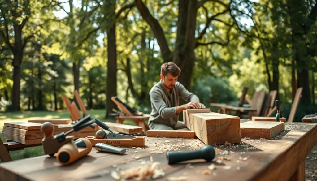 A peaceful outdoor woodworking scene featuring a skilled individual focused on a wooden project. In the foreground, a sturdy workbench displays various hand tools, planks of wood, and wood shavings scattered around. The middle ground depicts the person, dressed in casual clothing, carefully sanding a piece of wood with a serene expression. In the background, tall trees and lush greenery provide a tranquil setting, with soft, dappled sunlight filtering through the leaves, casting gentle shadows. The composition captures a warm, inviting atmosphere that encourages relaxation and creativity. The angle is slightly elevated, showcasing the entire workspace while emphasizing the connection with nature. The scene is realistic, vibrant, and devoid of any text or distractions.