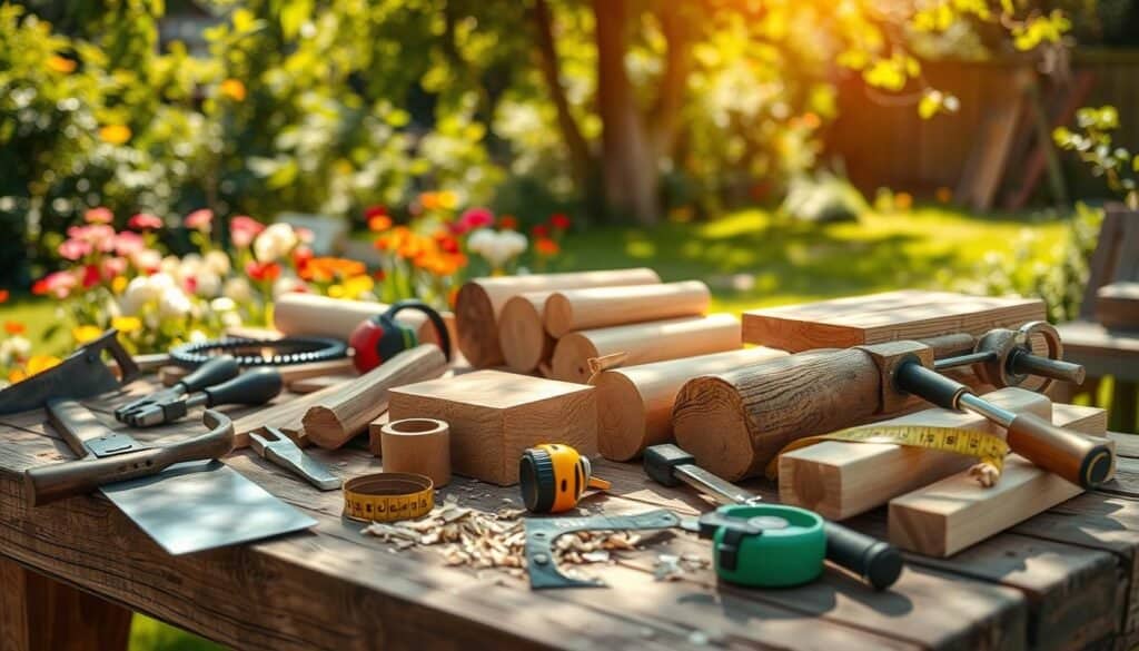 A picturesque outdoor woodworking scene showcasing essential tools for wood projects. In the foreground, feature a sturdy wooden workbench cluttered with classic woodworking tools: a hand saw, chisels, a tape measure, clamps, and wood shavings scattered around. The middle section includes freshly cut wood pieces in various sizes, reflecting natural grains and textures. In the background, a sun-soaked garden setting with colorful flowers and trees, providing a tranquil atmosphere, hints of a soft breeze visible through rustling leaves. The lighting should be warm and natural, mimicking late afternoon sunlight, casting gentle shadows over the tools. The image conveys a sense of creativity and relaxation, inviting viewers to envision their next DIY project in the great outdoors. A picturesque outdoor woodworking scene showcasing essential tools for wood projects. In the foreground, feature a sturdy wooden workbench cluttered with classic woodworking tools: a hand saw, chisels, a tape measure, clamps, and wood shavings scattered around. The middle section includes freshly cut wood pieces in various sizes, reflecting natural grains and textures. In the background, a sun-soaked garden setting with colorful flowers and trees, providing a tranquil atmosphere, hints of a soft breeze visible through rustling leaves. The lighting should be warm and natural, mimicking late afternoon sunlight, casting gentle shadows over the tools. The image conveys a sense of creativity and relaxation, inviting viewers to envision their next DIY project in the great outdoors.