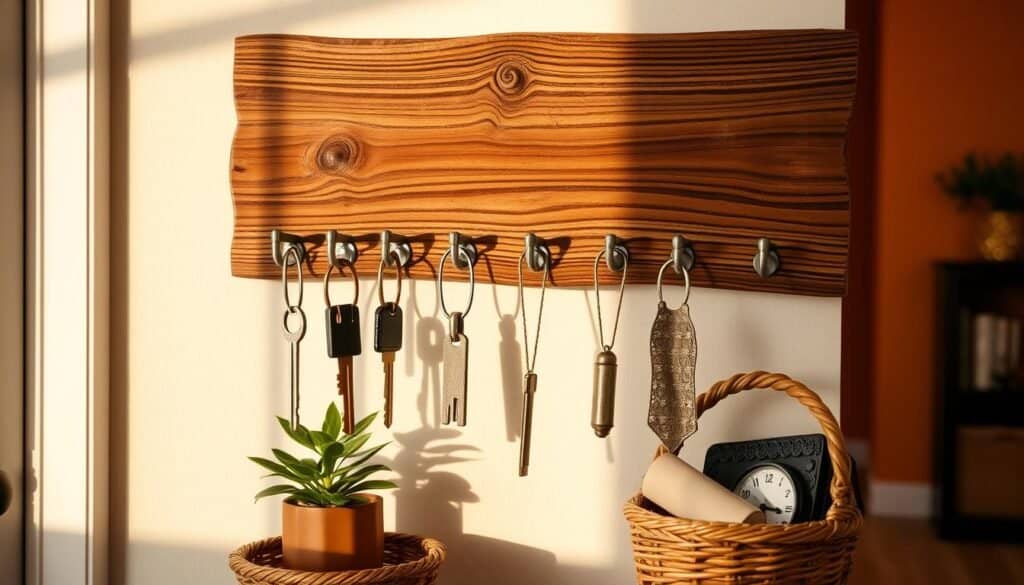 A rustic wooden key holder decor, showcasing intricate carvings and natural grain patterns, hangs on a softly-lit entryway wall. In the foreground, several vintage keys dangle from metal hooks, creating a functional yet decorative piece. The middle ground features a small potted plant, adding a touch of greenery and warmth to the scene, while a woven basket filled with additional decorative items rests beneath the key holder. In the background, a hint of a warmly-painted hallway can be seen, enhancing the cozy atmosphere of the space. The lighting is warm and inviting, reminiscent of late afternoon sunshine filtering through a nearby window, casting gentle shadows that highlight the wood's texture. The overall mood evokes a sense of home and comfort, perfect for an entryway accent.