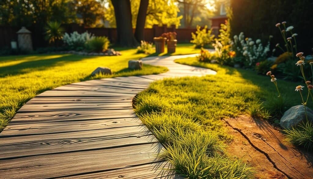 A rustic wooden pathway meanders through a lush garden, crafted from uneven wooden planks featuring rich textures and natural imperfections. In the foreground, show a winding path flanked by vibrant green grass and blooming wildflowers, enhancing the inviting atmosphere. The middle ground includes clusters of decorative stones and small shrubs, providing depth and character. In the background, tall trees softly filter warm sunlight, casting gentle shadows over the pathway. The lighting is golden, reminiscent of late afternoon, creating a serene and cozy mood. Capture this scene with a slight angle that leads the viewer's eye along the pathway, emphasizing the connection of yard features, while focusing on the intricacies of the wood grain and the natural surroundings.