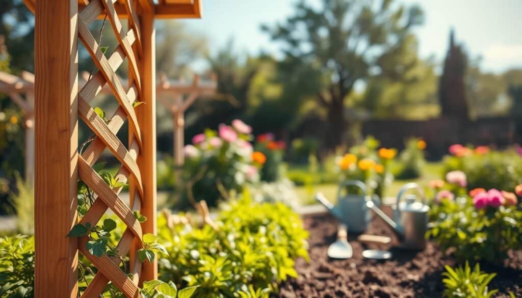 A rustic wooden trellis stands in a sunlit garden, showcasing its natural grain and smooth finish. In the foreground, the trellis features delicate, intertwining slats designed for climbing plants, surrounded by vibrant green foliage and colorful blossoms in full bloom. The middle ground reveals a patch of rich soil, ready for planting, with tools like a trowel and watering can casually placed nearby. In the background, soft-focus trees and a blue sky enhance the serene atmosphere. The lighting is warm and inviting, casting gentle shadows that emphasize the trellis's texture. Capture this scene with a shallow depth of field, giving a cozy yet inspiring feel, perfect for a wood project. No human subjects or text present. A rustic wooden trellis stands in a sunlit garden, showcasing its natural grain and smooth finish. In the foreground, the trellis features delicate, intertwining slats designed for climbing plants, surrounded by vibrant green foliage and colorful blossoms in full bloom. The middle ground reveals a patch of rich soil, ready for planting, with tools like a trowel and watering can casually placed nearby. In the background, soft-focus trees and a blue sky enhance the serene atmosphere. The lighting is warm and inviting, casting gentle shadows that emphasize the trellis's texture. Capture this scene with a shallow depth of field, giving a cozy yet inspiring feel, perfect for a wood project. No human subjects or text present.