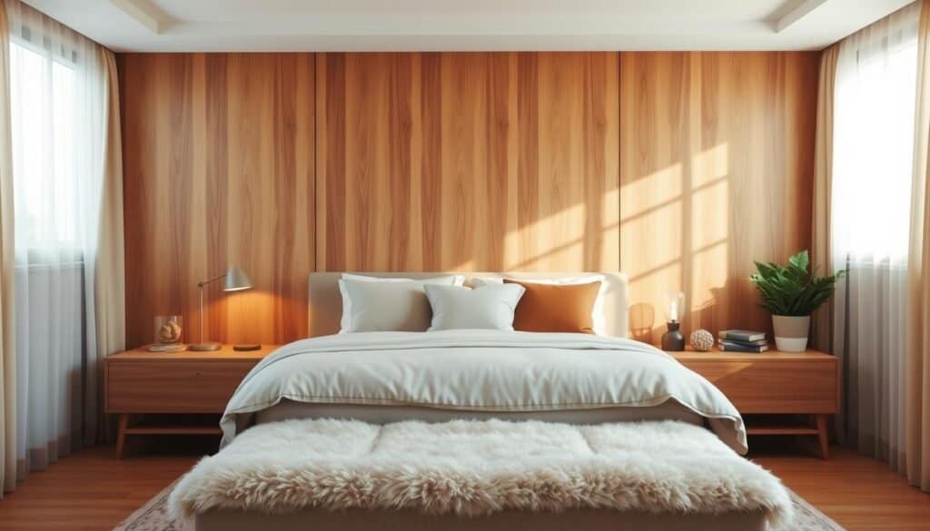 A serene and harmonious bedroom design featuring a warm wooden accent wall that radiates comfort. In the foreground, a cozy bed with soft, neutral linens invites relaxation, adorned with plush throw pillows in calming earth tones. Surrounding the bed, a pair of stylish wooden nightstands hold minimalistic lamps casting a soft, warm glow. In the middle, a plush area rug enhances the inviting atmosphere while soft, natural textiles create balance. The background showcases large windows with sheer curtains allowing gentle sunlight to filter through, illuminating the room. The color palette is a blend of warm browns, soft whites, and muted greens, promoting tranquility. The overall mood is peaceful and restorative, encouraging a sense of harmony and balance in the space.