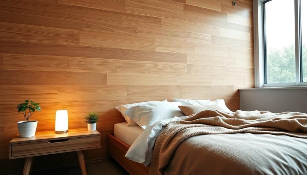 A serene and inviting bedroom scene featuring a beautifully crafted wooden accent wall with a natural wood finish, showcasing rich grain patterns that evoke a sense of warmth and tranquility. In the foreground, a stylish wooden nightstand holds a softly glowing lamp and a small potted plant, adding a touch of green. The middle ground includes a cozy bed with plush white linens and a neutral-toned throw blanket that invites relaxation. Behind, large windows allow soft, diffused natural light to filter in, casting gentle shadows and enhancing the wood's textures. The overall atmosphere is calm and peaceful, ideal for unwinding at the end of the day. Shot from a slightly elevated angle to capture depth and comfort, emphasizing the harmonious blend of wood elements in the space.