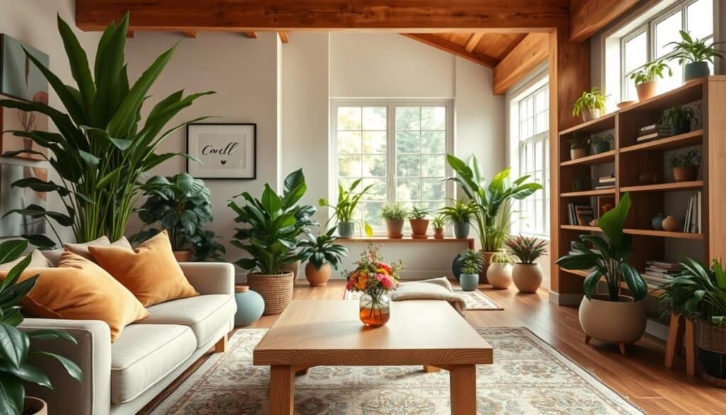 A serene and inviting living room transformation that seamlessly blends lush greenery with warm wooden elements. In the foreground, a cozy, softly-lit seating area features a plush sofa adorned with earthy-toned cushions, surrounded by vibrant indoor plants in stylish ceramic pots. The middle layer includes a beautiful wooden coffee table with a natural finish, adorned with a small, elegant vase of fresh flowers. The room's background showcases a large window allowing gentle sunlight to stream in, highlighting the natural textures of wooden beams and shelving filled with decorative plants and books. The overall atmosphere is calming and restful, perfect for unwinding. The composition combines warm soft lighting with a wide-angle perspective to enhance the spacious, tranquil feel of the space.