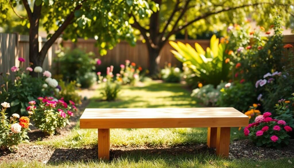 A serene backyard scene featuring a beautifully crafted simple wooden bench, designed as a DIY garden decoration project. The bench, made of warm, natural wood, showcases smooth lines and inviting contours, positioned at the center of the foreground. Surrounding the bench, a lush garden bursts with colorful flowers and greenery, enhancing the inviting atmosphere. In the middle ground, soft sunlight filters through leafy trees, casting gentle dappled shadows on the ground. The background reveals a soft blur of garden elements, creating a peaceful outdoor environment. The image is captured with a soft focus lens, emphasizing the textures of the wood and the vibrant colors of the plants. The overall mood is warm and inviting, perfect for a relaxing weekend project.