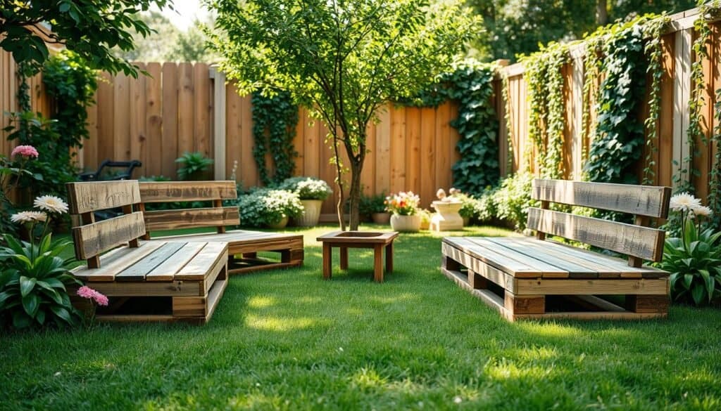 A serene backyard scene featuring a set of rustic pallet garden benches arranged on a grassy lawn. In the foreground, the wooden benches, artfully constructed from reclaimed pallets, showcase their textured surface and natural wood tones. Lush green plants and blooming flowers frame the benches, enhancing the outdoor ambiance. In the middle ground, a small tree casts dappled sunlight, creating a warm, inviting atmosphere. The background reveals a wooden fence adorned with climbing vines, harmonizing with the garden theme. The image is captured in soft, natural lighting, with a slightly elevated angle to emphasize the inviting seating arrangement. Overall, the mood is tranquil and creative, perfect for inspiring DIY enthusiasts passionate about wooden garden projects.