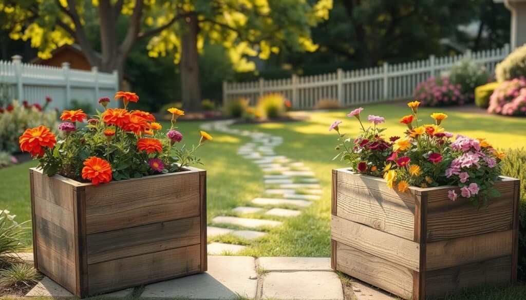 A serene backyard scene featuring rustic wooden planters filled with vibrant flowers and lush greenery. In the foreground, showcase two handmade planters crafted from reclaimed wood, displaying unique grain patterns and slightly weathered textures, brimming with colorful annuals like marigolds and petunias. In the middle ground, include a winding stone path leading to a cozy sitting area, surrounded by soft, warm sunlight filtering through overhead trees. The background features a gentle, rolling lawn, with a picket fence partially visible and hints of blooming shrubs. Capture this inviting atmosphere in a natural, warm light, using a soft focus lens to enhance the tranquil mood, ensuring an earthy, homely vibe throughout the image.
