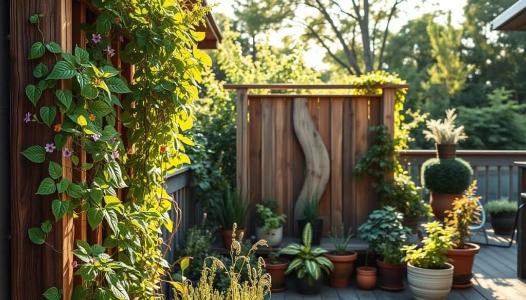 A serene backyard scene showcasing a vertical garden featuring wooden trellises and privacy screens. In the foreground, vibrant green plants climb a rustic wooden trellis, adorned with colorful flowers and lush foliage. In the middle ground, a handcrafted wooden privacy screen creates a cozy nook, surrounded by various potted plants and herbs that add texture. The background features soft greenery and a hint of a wooden deck, bathed in warm, golden afternoon light, casting gentle shadows. The atmosphere is tranquil and inviting, perfect for reconnecting with nature. Use a wide-angle lens to capture the depth of the space, ensuring clarity and realism in the home décor details.