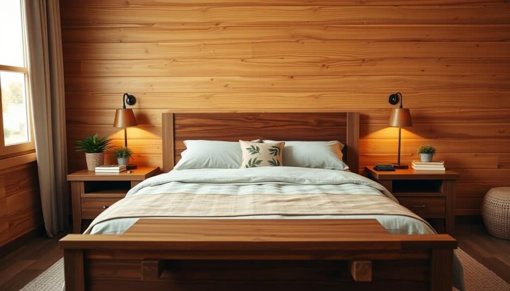 A serene bedroom adorned with wooden decor elements. In the foreground, a cozy bed made of rich, polished wood, with soft, neutral-toned linens and a hand-crafted wooden headboard. On either side, rustic wooden nightstands hold small potted plants, wooden lamps with warm light, and books. In the middle, a minimalist wooden bench at the foot of the bed adds a touch of sophistication. The background features natural wooden paneling on the walls, creating a comforting atmosphere, complemented by a softly lit window that allows gentle, diffused sunlight to filter in. The overall mood conveys tranquility and balance, inviting relaxation and peace in a welcoming space. Realistic photography style, focusing on warmth, with a shallow depth of field to emphasize the wooden textures.