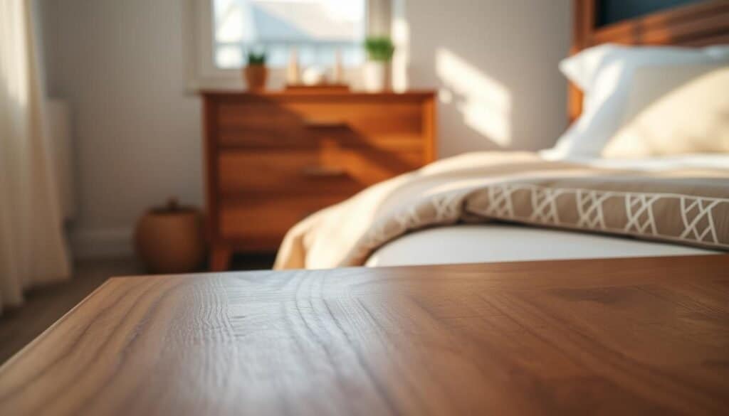 A serene bedroom scene featuring a beautiful wooden accent piece, such as a handcrafted nightstand or a soothing bed frame. The foreground showcases the rich texture of the wood with natural grain patterns, conveying warmth and tranquility. In the middle ground, soft, diffused lighting filters through a window, casting gentle shadows and creating a calming atmosphere. The background includes subtle elements like a small potted plant and soft textiles that enhance the relaxation theme without drawing attention away from the wood. The overall mood is one of peace and serenity, emphasizing the benefits of incorporating wooden elements into home décor for mental well-being. The angle showcases the accent piece prominently, highlighting its craftsmanship while maintaining a cozy, inviting ambiance.