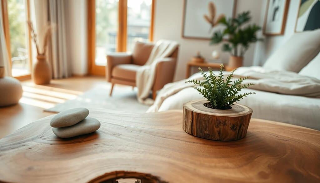A serene bedroom scene featuring a beautifully arranged display of natural wood elements harmonized with plants, stones, and soft textiles. In the foreground, a handcrafted wooden coffee table showcases a small potted fern and a smooth river stone. The middle ground includes a cozy, plush armchair in muted earthy tones, draped with a lightweight linen throw. In the background, a large window floods the space with warm, natural light, illuminating light wood flooring and soft, neutral-colored walls adorned with nature-inspired artwork. The atmosphere is tranquil and inviting, perfect for creating a rejuvenating ambiance. Aim for a depth of field that highlights the details of the wood grain, the textures of the textile, and the lush greenery.