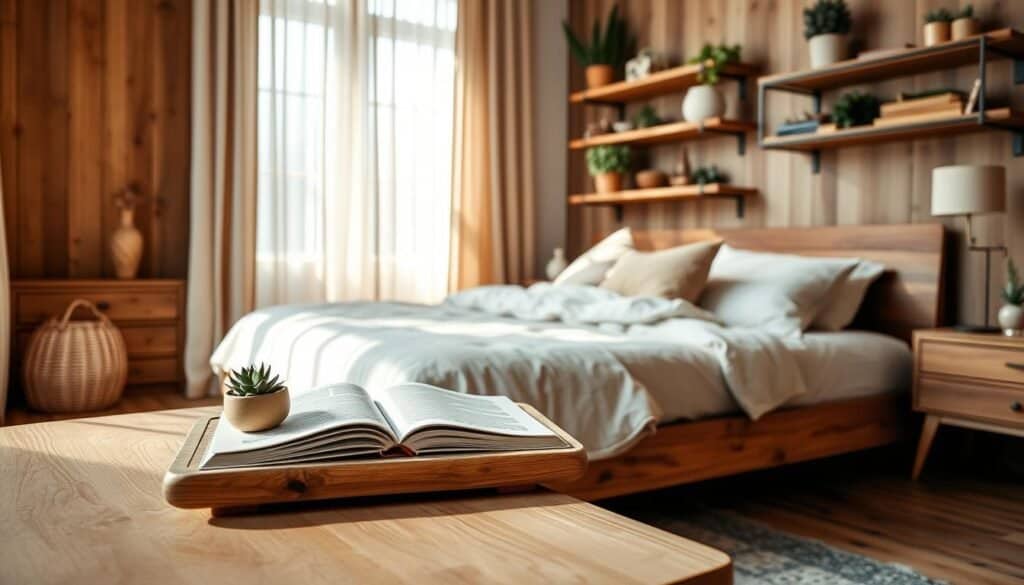A serene bedroom scene featuring warm wooden accents. In the foreground, a handcrafted wooden bedside table with a soft texture, displaying a small potted succulent and an open book. Moving to the middle ground, a wooden bed frame with elegant, clean lines, dressed in cozy, neutral-toned linens. Natural light filters through sheer curtains, casting soft shadows and creating a comforting atmosphere. In the background, rustic wooden wall shelves hold decorative items and plants, enhancing the overall warmth of the space. The overall mood is tranquil and inviting, emphasizing a connection to nature that restores balance and harmony. The scene is captured with a wide-angle lens to encompass the entire room, highlighting the cozy and welcoming environment.