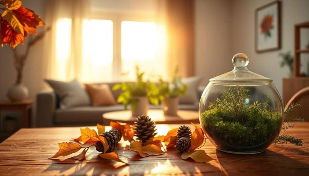 A serene composition featuring seasonal natural elements that evoke a sense of tranquility and renewal. In the foreground, a wooden table displays an arrangement of vibrant autumn leaves, fresh pinecones, and a small terrarium filled with lush green moss and tiny ferns. In the middle ground, a sun-drenched window adorned with sheer curtains allows warm, golden light to illuminate the scene, casting gentle shadows. Potted herbs, such as rosemary and thyme, rest nearby, enhancing the natural essence of the space. The background presents a softly blurred view of a cozy living room, accentuated by neutral-toned walls and natural wood accents, creating a harmonious atmosphere. Capture this scene in soft focus with warm lighting, suggesting comfort and rejuvenation, using a 50mm lens at a slight angle to highlight the textures and colors of the natural elements. A serene composition featuring seasonal natural elements that evoke a sense of tranquility and renewal. In the foreground, a wooden table displays an arrangement of vibrant autumn leaves, fresh pinecones, and a small terrarium filled with lush green moss and tiny ferns. In the middle ground, a sun-drenched window adorned with sheer curtains allows warm, golden light to illuminate the scene, casting gentle shadows. Potted herbs, such as rosemary and thyme, rest nearby, enhancing the natural essence of the space. The background presents a softly blurred view of a cozy living room, accentuated by neutral-toned walls and natural wood accents, creating a harmonious atmosphere. Capture this scene in soft focus with warm lighting, suggesting comfort and rejuvenation, using a 50mm lens at a slight angle to highlight the textures and colors of the natural elements.