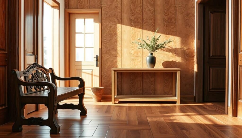 A serene entryway adorned with various types of wood accents, showcasing distinct finishes. In the foreground, a polished walnut bench with intricate carvings sits invitingly. The middle ground features a light oak console table, elegantly displayed with a minimalistic vase of greenery. Behind, a backdrop of textured cedar wood paneling enhances the warmth of the scene. Natural sunlight floods in through a nearby window, casting soft, diffused light that creates a tranquil atmosphere. The composition should be at eye level, emphasizing the beauty of the wood grains and the harmonious blend of colors. Aim for a cozy, inviting ambiance that emphasizes the calming effect of wood in interior design. A serene entryway adorned with various types of wood accents, showcasing distinct finishes. In the foreground, a polished walnut bench with intricate carvings sits invitingly. The middle ground features a light oak console table, elegantly displayed with a minimalistic vase of greenery. Behind, a backdrop of textured cedar wood paneling enhances the warmth of the scene. Natural sunlight floods in through a nearby window, casting soft, diffused light that creates a tranquil atmosphere. The composition should be at eye level, emphasizing the beauty of the wood grains and the harmonious blend of colors. Aim for a cozy, inviting ambiance that emphasizes the calming effect of wood in interior design.