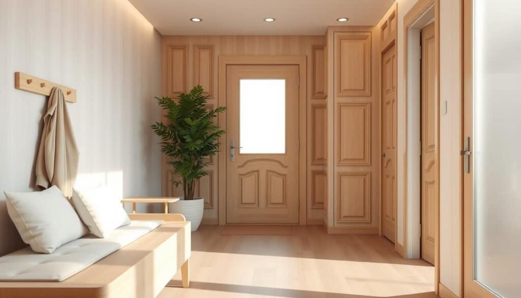 A serene entryway design featuring gentle wood accents, showcasing a warm, inviting atmosphere. In the foreground, a smooth, light oak bench with soft cushions invites relaxation, adorned with a minimalist wooden coat rack holding a stylish jacket. The middle section reveals an elegantly designed wall with intricate wood paneling in light shades, complemented by soft, diffused natural light streaming in through a frosted glass door. Behind it, a lush indoor plant adds a touch of greenery, creating a tranquil ambiance. The scene captures a harmonious blend of subtle colors and textures, emphasizing comfort and simplicity. The lighting is soft and warm, enhancing the inviting nature of the space, with a wide-angle lens perspective to capture the entire entryway in an inviting, spacious feel. A serene entryway design featuring gentle wood accents, showcasing a warm, inviting atmosphere. In the foreground, a smooth, light oak bench with soft cushions invites relaxation, adorned with a minimalist wooden coat rack holding a stylish jacket. The middle section reveals an elegantly designed wall with intricate wood paneling in light shades, complemented by soft, diffused natural light streaming in through a frosted glass door. Behind it, a lush indoor plant adds a touch of greenery, creating a tranquil ambiance. The scene captures a harmonious blend of subtle colors and textures, emphasizing comfort and simplicity. The lighting is soft and warm, enhancing the inviting nature of the space, with a wide-angle lens perspective to capture the entire entryway in an inviting, spacious feel.