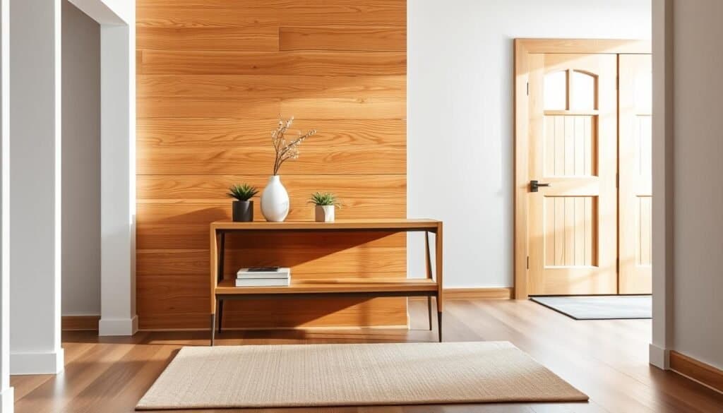 A serene entryway featuring a gently lit, modern space with a warm wood accent wall. In the foreground, showcase a stylish wooden console table adorned with small potted plants and a minimalist vase. The middle layer should include a plush area rug in natural tones, positioned beneath the table. The background reveals an inviting wooden front door with subtle textures and a glimpse of light filtering through a nearby window, casting soft shadows. The atmosphere is tranquil, emphasizing a blend of rustic and modern aesthetics with smooth lines and earthy colors. Use soft, diffused lighting to create a calming mood, with a focus on the natural beauty of the wood. No people in the image. A serene entryway featuring a gently lit, modern space with a warm wood accent wall. In the foreground, showcase a stylish wooden console table adorned with small potted plants and a minimalist vase. The middle layer should include a plush area rug in natural tones, positioned beneath the table. The background reveals an inviting wooden front door with subtle textures and a glimpse of light filtering through a nearby window, casting soft shadows. The atmosphere is tranquil, emphasizing a blend of rustic and modern aesthetics with smooth lines and earthy colors. Use soft, diffused lighting to create a calming mood, with a focus on the natural beauty of the wood. No people in the image.