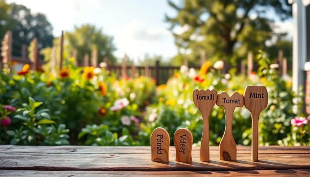 A serene garden scene featuring a set of beautifully crafted wooden garden markers, each uniquely shaped and etched with plant names like "Basil," "Tomato," and "Mint." In the foreground, the markers are artfully arranged on a rustic wooden table, showing the grains and knots of the wood. The middle ground reveals a lush garden filled with vibrant green plants and blooming flowers, softly blurred for depth. The background captures a gently lit sunny day, with a few wispy clouds and the soft glow of afternoon sunlight filtering through nearby trees. The mood is calm and inviting, encouraging a sense of creativity and connection with nature. The image is taken with a shallow depth of field to emphasize the markers, enhancing their rustic charm. A serene garden scene featuring a set of beautifully crafted wooden garden markers, each uniquely shaped and etched with plant names like "Basil," "Tomato," and "Mint." In the foreground, the markers are artfully arranged on a rustic wooden table, showing the grains and knots of the wood. The middle ground reveals a lush garden filled with vibrant green plants and blooming flowers, softly blurred for depth. The background captures a gently lit sunny day, with a few wispy clouds and the soft glow of afternoon sunlight filtering through nearby trees. The mood is calm and inviting, encouraging a sense of creativity and connection with nature. The image is taken with a shallow depth of field to emphasize the markers, enhancing their rustic charm.