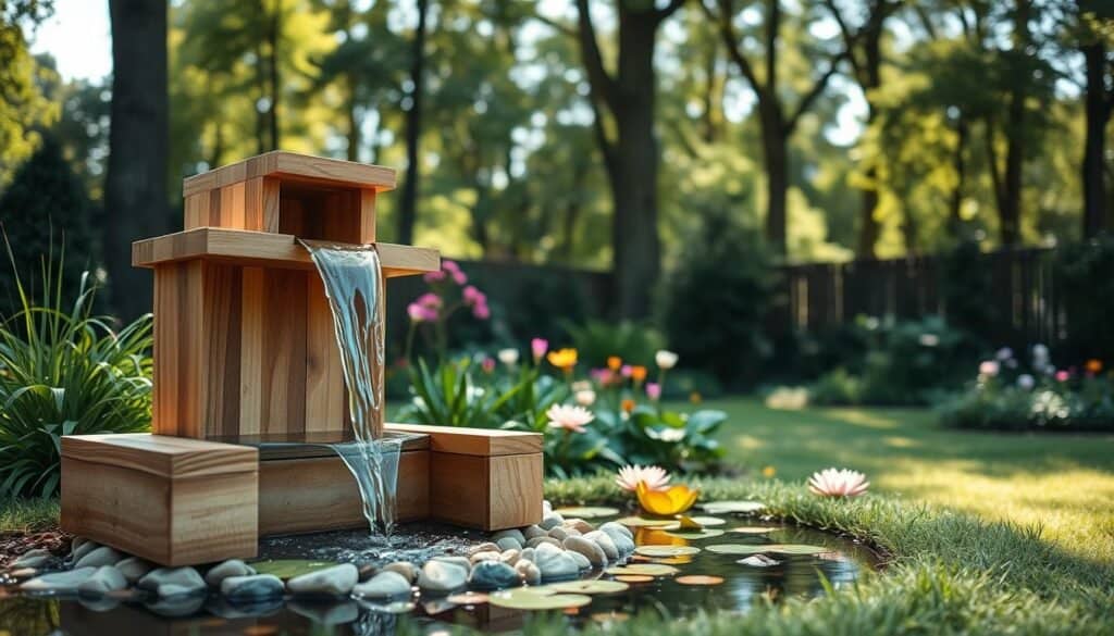 A serene garden scene showcasing a beautifully crafted DIY wooden water feature, positioned in the foreground. The water feature, constructed from natural timber with a smooth finish, gently cascades water into a small pond filled with water lilies and pebbles. In the middle ground, lush greenery surrounds the feature, with vibrant flowers adding splashes of color. The background is filled with tall trees and soft, dappled sunlight filtering through the leaves, creating a peaceful atmosphere. The shot is taken at eye level with a shallow depth of field, focusing on the water feature while softly blurring the backdrop. The overall mood is tranquil and inviting, embodying the essence of a peaceful garden retreat.