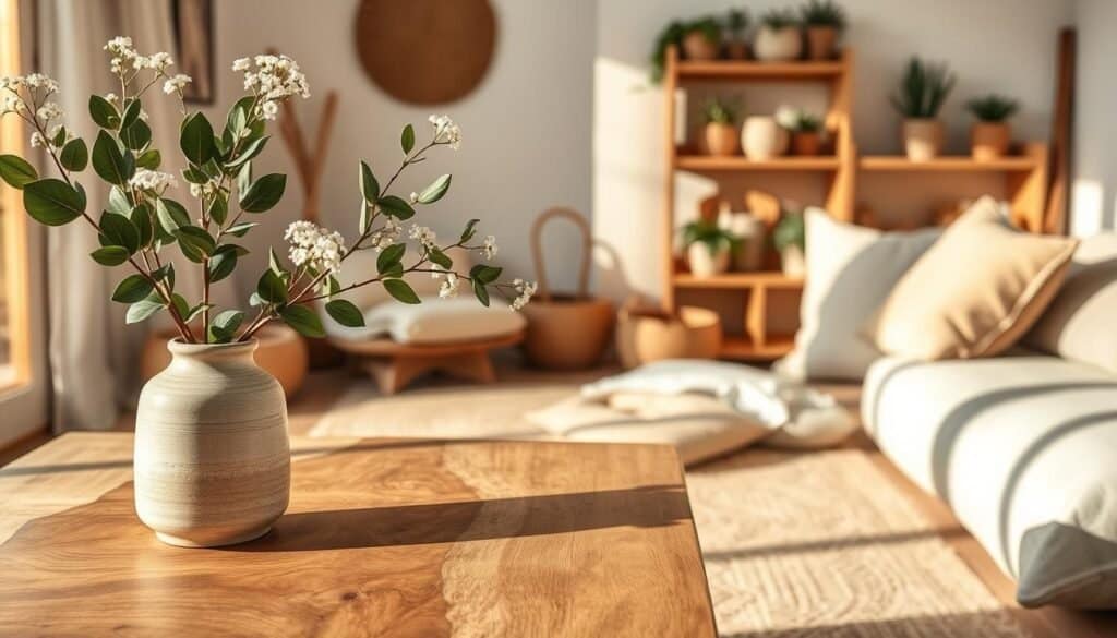A serene home interior featuring an array of natural materials for decor. In the foreground, showcase a beautifully crafted wooden table adorned with a simple ceramic vase filled with fresh green leaves and delicate white flowers. In the middle ground, include soft textures like a woven jute rug and linen throw pillows in muted earth tones. The background should reveal a cozy corner with a natural wood shelf displaying handmade pottery and plants. The lighting should be warm and soft, reminiscent of late afternoon sunlight, casting gentle shadows that enhance the tranquility of the scene. The angle should evoke a sense of calm, inviting the viewer to immerse themselves in the soothing atmosphere of nature-inspired decor. A serene home interior featuring an array of natural materials for decor. In the foreground, showcase a beautifully crafted wooden table adorned with a simple ceramic vase filled with fresh green leaves and delicate white flowers. In the middle ground, include soft textures like a woven jute rug and linen throw pillows in muted earth tones. The background should reveal a cozy corner with a natural wood shelf displaying handmade pottery and plants. The lighting should be warm and soft, reminiscent of late afternoon sunlight, casting gentle shadows that enhance the tranquility of the scene. The angle should evoke a sense of calm, inviting the viewer to immerse themselves in the soothing atmosphere of nature-inspired decor.