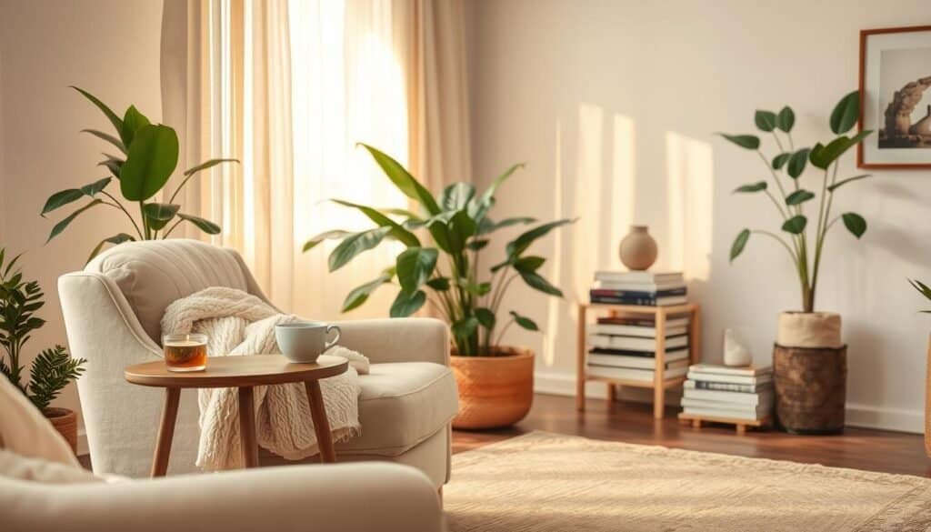 A serene home sanctuary featuring a cozy living space. In the foreground, a plush, oversized armchair with soft, neutral upholstery, accompanied by a fluffy throw blanket draped over one side. A small wooden side table holds a steaming cup of herbal tea and a lit candle. In the middle ground, large, leafy houseplants add a touch of nature, while a beautifully textured area rug anchors the space. The background reveals a softly lit window with sheer curtains, diffusing warm, natural light that creates a tranquil atmosphere. Subtle elements like a stack of artfully arranged books and peaceful wall art enhance the calming vibe. Soft colors of beige, cream, and muted greens dominate the palette, imparting a sense of relaxation and comfort.