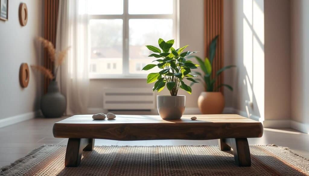 A serene indoor scene featuring a cozy plant corner, where a single lush green potted plant sits prominently on a handcrafted wooden table. The foreground includes a textured rug and a few scattered decorative stones. In the middle, the plant is vibrant and healthy, its leaves casting gentle shadows on the table surface. The background showcases softly lit walls adorned with natural wood accents, and a large window allows warm sunlight to pour in, creating a harmonious atmosphere. The lighting is bright yet soft, emphasizing the tranquil mood of the space. The angle is slightly elevated, capturing the plant’s elegance and the calming nature of the arrangement, inviting viewers to envision their own peaceful plant corner.