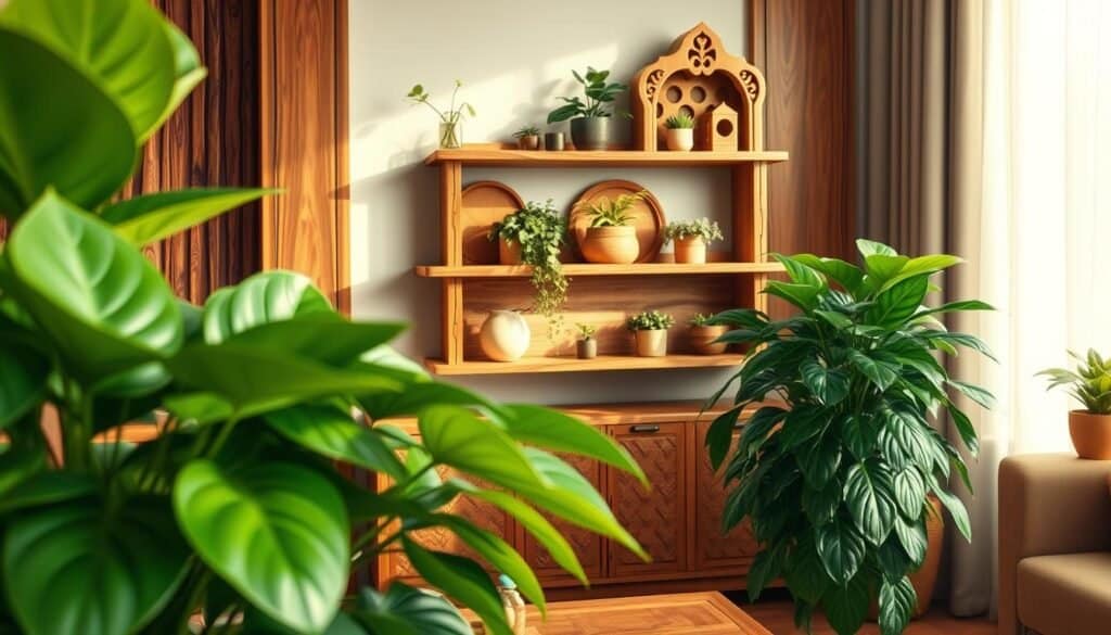 A serene indoor scene featuring a harmonious pairing of lush green plants and warm, natural wood accents. In the foreground, large, vibrant potted plants with glossy leaves are placed on a polished wooden table, enhancing the organic feel. The middle ground showcases a beautifully crafted wooden shelf adorned with smaller plants, intricately carved wood details, and natural textures. In the background, a soft, diffused light filters through sheer curtains, casting gentle shadows and creating an inviting atmosphere. The scene is captured from a slightly elevated angle, using a shallow depth of field to emphasize the richness of the wood grain and the vitality of the plants. The overall mood is tranquil and refreshing, perfect for illustrating the beauty of nature's elements in interior design.