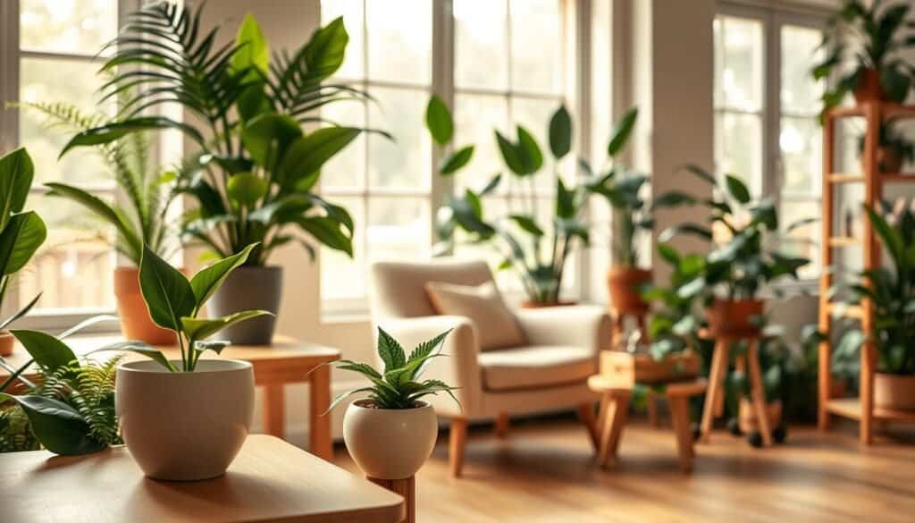 A serene indoor setting showcasing an arrangement of lush green plants, including ferns and peace lilies, placed artfully on light wooden shelves and tables. The foreground features a close-up of a delicate ceramic pot with a small succulent, while the middle ground captures a cozy reading nook with a soft beige armchair and a small side table adorned with a wooden planter. In the background, large windows let in warm, diffused natural light, casting gentle shadows and enhancing the earthy tones of the decor. The atmosphere is calming and inviting, perfect for creating a tranquil space. The image conveys a sense of harmony and natural beauty, designed for relaxation and mindfulness, featuring rich textures of wood and foliage.