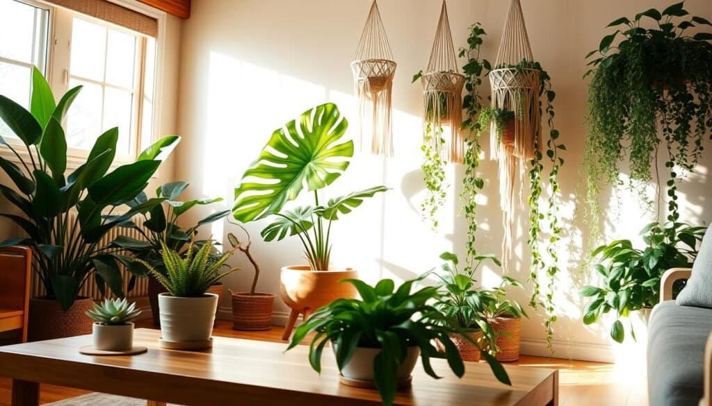 A serene indoor space showcasing a variety of lush, green plants to rejuvenate the area. In the foreground, a stylish wooden coffee table is adorned with a vibrant potted fern and a small succulent arrangement. In the middle, a large, leafy monstera plant leans gracefully against a sunlit window, allowing natural light to illuminate its vibrant green colors. To the background, soft shadows cast by elegant macramé hangers display cascading vines and trailing philodendrons. The room features warm wooden accents and beige walls, enhancing a calming atmosphere. The lighting is soft and diffused, creating a tranquil mood, reminiscent of a sunlit, peaceful retreat.