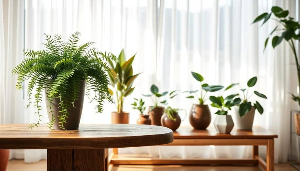 A serene interior scene showcasing a harmonious natural plant-and-wood pairing. In the foreground, a beautifully crafted wooden table made from rich, dark oak, adorned with a verdant potted fern cascading over its edges. The middle ground features a variety of gracefully arranged houseplants in elegant ceramic pots, highlighting their lush greenery and textures. In the background, a large window lets in soft, natural light, illuminating the space and enhancing the organic feel. The white sheer curtains flutter gently, creating a calming atmosphere. The overall mood is warm and inviting, evoking a sense of tranquility and connection with nature—a perfect setting for enhancing the life of any space. Capture this scene with a shallow depth of field to focus on the details of the plants and wood grain.