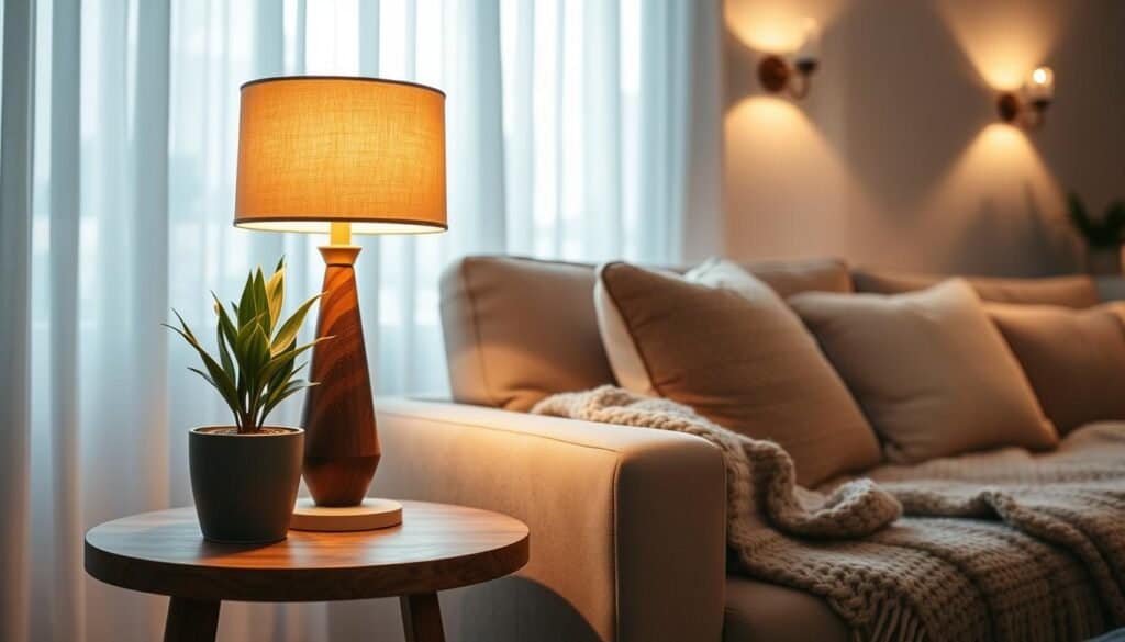 A serene living room scene featuring cozy lighting solutions. In the foreground, a beautifully designed wooden side table with a stylish table lamp emitting a warm, soft glow. Next to the lamp, a small potted plant adds a touch of greenery. The middle background showcases a plush sofa adorned with cozy throw pillows and a knitted blanket, inviting relaxation. On the walls, decorative wall sconces cast gentle light, enhancing the atmosphere. The background features soft curtains filtering natural light, creating a tranquil ambiance. The lighting is warm and inviting, conveying a sense of comfort. The angle captures the inviting space from a corner, emphasizing the layered lighting and decor, creating a peaceful and homely mood.