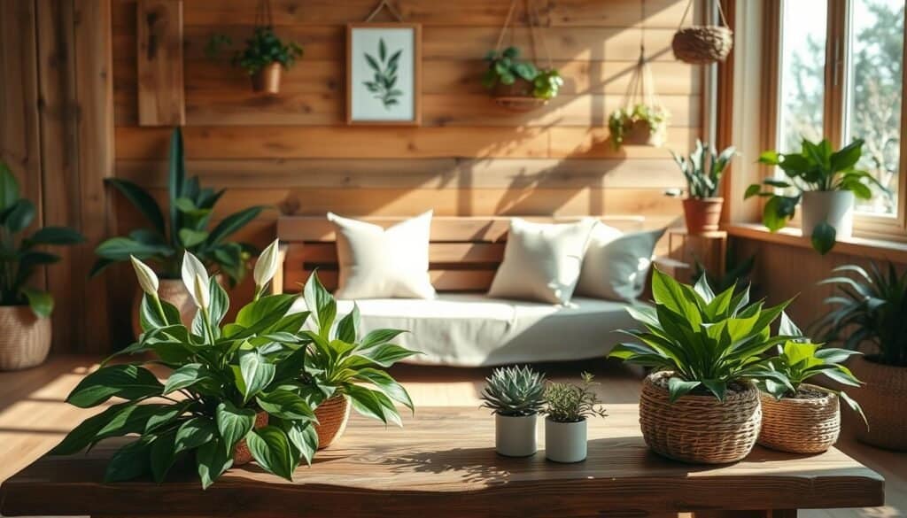 A serene, mindful space blending natural elements of plants and wood. In the foreground, a rustic wooden table with a vibrant arrangement of potted green plants, such as peace lilies and succulents, complemented by soft, woven baskets. The middle layer features a cozy wooden bench accented by plush cushions in natural fabrics, positioned beside a large window where sunlight streams in, casting gentle shadows. A backdrop of an inviting wooden wall adorned with hanging planters and framed botanical prints adds warmth. The overall scene captures a peaceful, rejuvenating atmosphere, emphasizing sustainability and tranquility, with soft, natural lighting enhancing the inviting textures of wood and greenery. Aim for a soft focus, wide-angle perspective to convey openness and serenity. No people present, maintaining a calm, uncluttered aesthetic.