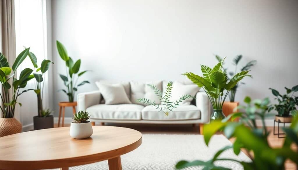 A serene minimalist living room featuring an elegant arrangement of various indoor plants. In the foreground, a sleek, wooden coffee table holds a small potted succulent and a modern ceramic vase with a leafy fern. The middle ground showcases a cozy linen sofa adorned with neutral-colored cushions, paired with a light, woven rug. Against the backdrop, a large window lets in soft, diffused sunlight, highlighting the rich green hues of the plants. The walls are a calming, subtle gray, enhancing the tranquility of the space. The atmosphere is peaceful and inviting, conveying a sense of natural freshness and simplicity. Use a soft focus lens with warm lighting to create a cozy, welcoming ambiance. No people present; focus solely on the harmonious plant arrangements and living space. A serene minimalist living room featuring an elegant arrangement of various indoor plants. In the foreground, a sleek, wooden coffee table holds a small potted succulent and a modern ceramic vase with a leafy fern. The middle ground showcases a cozy linen sofa adorned with neutral-colored cushions, paired with a light, woven rug. Against the backdrop, a large window lets in soft, diffused sunlight, highlighting the rich green hues of the plants. The walls are a calming, subtle gray, enhancing the tranquility of the space. The atmosphere is peaceful and inviting, conveying a sense of natural freshness and simplicity. Use a soft focus lens with warm lighting to create a cozy, welcoming ambiance. No people present; focus solely on the harmonious plant arrangements and living space.