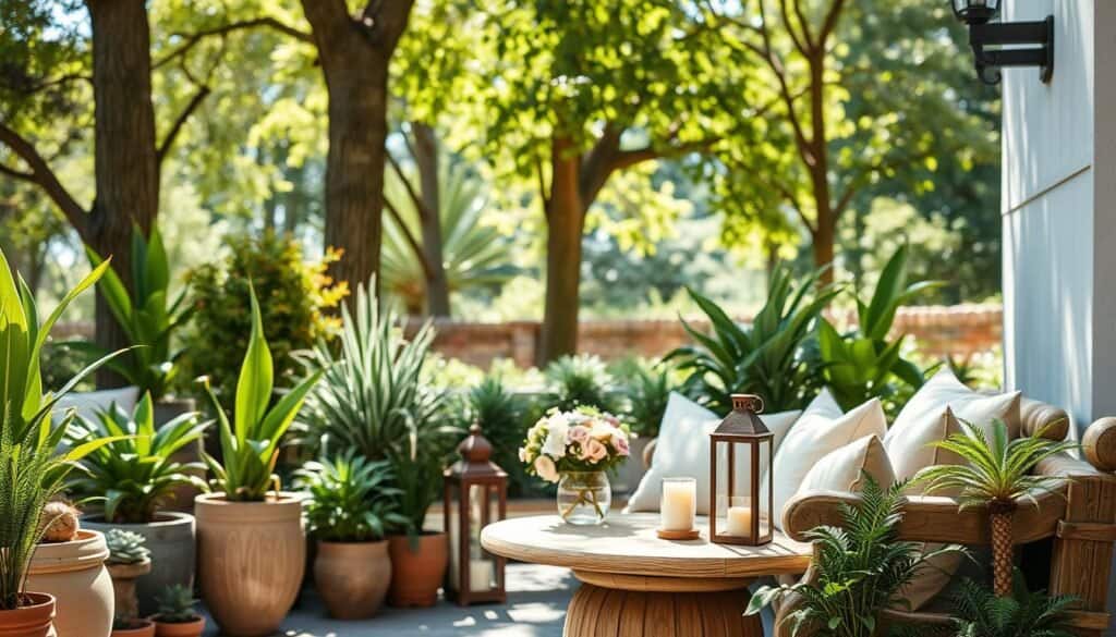 A serene outdoor corner, beautifully decorated with natural greenery, featuring a variety of potted plants in earthy tones. In the foreground, there is a cozy, handcrafted wooden bench adorned with soft cushions in muted pastel colors. The middle layer includes a charming round table with a delicate vase of fresh flowers, surrounded by rustic lanterns that emit a warm, inviting glow. In the background, tall trees provide dappled sunlight filtering through their leaves, creating a tranquil atmosphere. The scene is captured in bright, natural light, emphasizing the soft textures and colors of the decor. The overall mood is peaceful and refreshing, ideal for a quiet retreat.