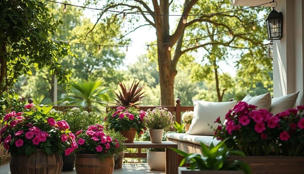 A serene outdoor corner featuring lush greenery and soft decorative details. In the foreground, a rustic wooden bench adorned with plush cushions provides a cozy seating area. Potted plants overflowing with vibrant flowers are arranged around the bench, adding splashes of color. In the middle ground, delicate string lights are draped above, casting a warm glow in the soft sunlight, enhancing the inviting atmosphere. The background showcases tall, leafy trees providing natural shade, while a gentle breeze rustles through the leaves. The image captures the essence of tranquility, evoking a peaceful retreat perfect for relaxation or socializing. The scene is bathed in bright, natural light, conveying a refreshing and airy ambiance, shot from a slightly elevated angle to encompass the entire space.