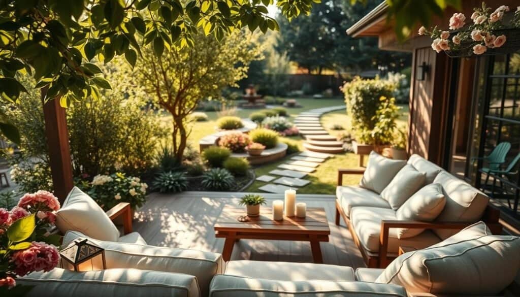 A serene outdoor retreat featuring a cozy seating area on a wooden deck, surrounded by lush greenery and blooming flowers. In the foreground, a comfortable, neutral-colored sofa with soft cushions invites relaxation. The middle ground showcases a wooden coffee table adorned with a few elegant candles and a small potted plant, while gentle sunlight filters through the leaves, creating dappled light patterns. In the background, a tranquil garden with a winding stone pathway leads to a small water feature, enhancing the calming atmosphere. The scene is bathed in warm, soft sunlight, evoking a peaceful, inviting mood, with a focus on natural materials and harmonious colors. Capture the image with a wide-angle lens to emphasize the spaciousness and serenity of the outdoor sanctuary. A serene outdoor retreat featuring a cozy seating area on a wooden deck, surrounded by lush greenery and blooming flowers. In the foreground, a comfortable, neutral-colored sofa with soft cushions invites relaxation. The middle ground showcases a wooden coffee table adorned with a few elegant candles and a small potted plant, while gentle sunlight filters through the leaves, creating dappled light patterns. In the background, a tranquil garden with a winding stone pathway leads to a small water feature, enhancing the calming atmosphere. The scene is bathed in warm, soft sunlight, evoking a peaceful, inviting mood, with a focus on natural materials and harmonious colors. Capture the image with a wide-angle lens to emphasize the spaciousness and serenity of the outdoor sanctuary.