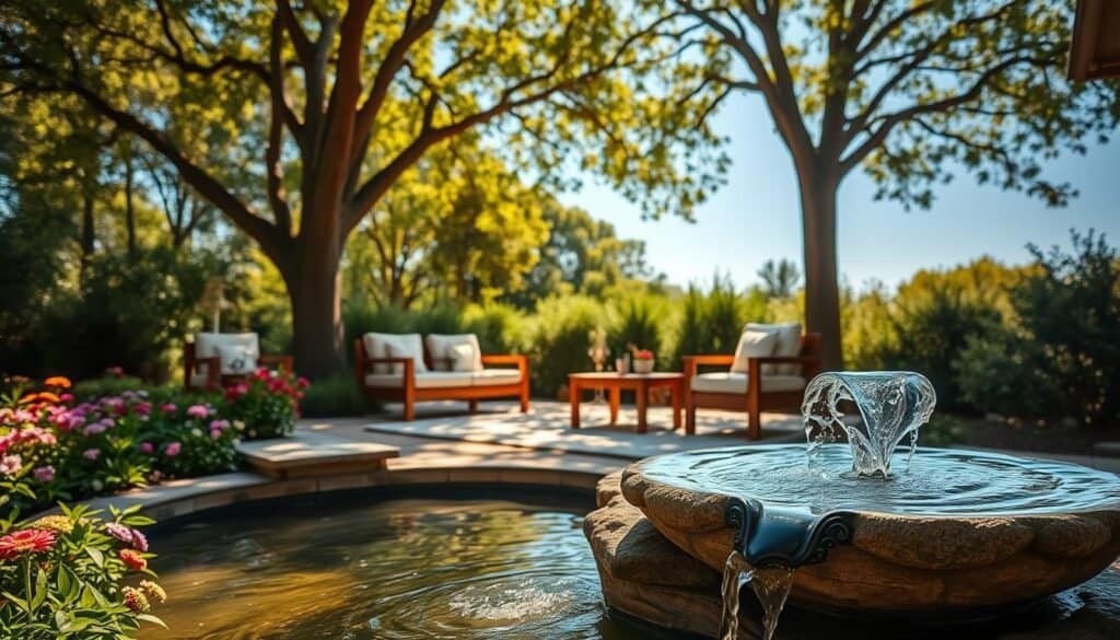 A serene outdoor retreat featuring a tranquil water feature, set in a lush garden. In the foreground, there is a gently bubbling stone fountain surrounded by colorful flowers and green foliage, creating a soothing sound. The middle ground displays a cozy seating area with elegant wooden furniture, inviting relaxation, accentuated by soft, airy cushions. In the background, tall trees provide dappled sunlight filtering through leaves, enhancing the peaceful atmosphere. The scene is bathed in warm, soft sunlight, with a clear blue sky overhead, creating an inviting and calming ambiance. The angle captures the enchantment of the retreat, showcasing the harmonious blend of nature and human design, evoking a sense of tranquility and comfort. A serene outdoor retreat featuring a tranquil water feature, set in a lush garden. In the foreground, there is a gently bubbling stone fountain surrounded by colorful flowers and green foliage, creating a soothing sound. The middle ground displays a cozy seating area with elegant wooden furniture, inviting relaxation, accentuated by soft, airy cushions. In the background, tall trees provide dappled sunlight filtering through leaves, enhancing the peaceful atmosphere. The scene is bathed in warm, soft sunlight, with a clear blue sky overhead, creating an inviting and calming ambiance. The angle captures the enchantment of the retreat, showcasing the harmonious blend of nature and human design, evoking a sense of tranquility and comfort.