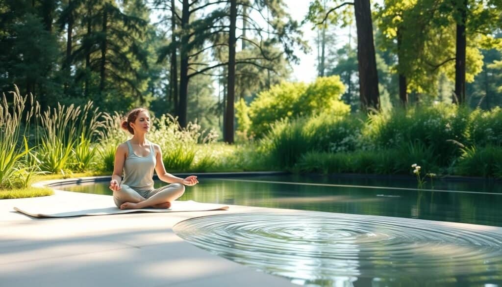 A serene outdoor scene depicting mindfulness practices in nature. In the foreground, a person seated on a soft mat, practicing yoga or meditation in modest casual clothing, surrounded by lush greenery. In the middle ground, a tranquil reflection pool catches soft sunlight, with gentle ripples reflecting the serene sky. A few wildflowers dot the surroundings, enhancing the connection to nature. In the background, tall trees with dappled sunlight filtering through their leaves create a peaceful atmosphere. The overall mood is calm and inviting, with a bright, airy feeling, suggesting an ideal space for relaxation and reflection. Capture this scene with a slightly elevated angle to emphasize the natural beauty and peacefulness of the outdoor environment. A serene outdoor scene depicting mindfulness practices in nature. In the foreground, a person seated on a soft mat, practicing yoga or meditation in modest casual clothing, surrounded by lush greenery. In the middle ground, a tranquil reflection pool catches soft sunlight, with gentle ripples reflecting the serene sky. A few wildflowers dot the surroundings, enhancing the connection to nature. In the background, tall trees with dappled sunlight filtering through their leaves create a peaceful atmosphere. The overall mood is calm and inviting, with a bright, airy feeling, suggesting an ideal space for relaxation and reflection. Capture this scene with a slightly elevated angle to emphasize the natural beauty and peacefulness of the outdoor environment.