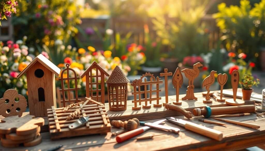 A serene outdoor scene showcasing DIY garden decorations crafted from wood. In the foreground, a beautifully arranged assortment of unique wooden decorations: a birdhouse, small garden trellises, and whimsical plant markers, each featuring intricate carvings. In the middle, a rustic wooden workbench, scattered with essential tools like a saw, hammer, and paintbrushes, emphasizes the hands-on nature of the project. The background features a vibrant garden with colorful flowers and lush greenery, bathed in warm, golden sunlight that creates a peaceful, inviting atmosphere. A shallow depth of field highlights the decorations and tools, while softly blurring the garden beyond, enhancing the focus on the DIY aspect.