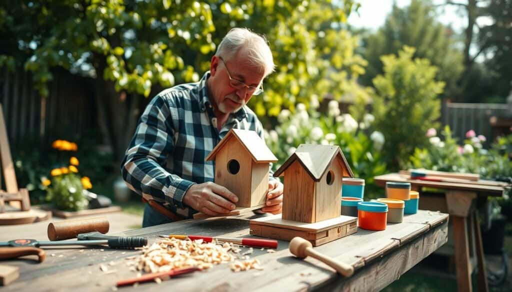 A serene outdoor scene showcasing a person engaged in a quick wood project, set in a sun-drenched backyard. In the foreground, a mid-aged individual wearing a modest plaid shirt and durable jeans is focused on crafting a small wooden birdhouse, surrounded by neatly arranged tools like a saw, hammer, and paintbrush. The middle layer features a rustic workbench adorned with wood shavings and colorful paint pots, while the background reveals a lush garden with blooming flowers and green trees. Soft sunlight filters through the leaves, creating a warm, inviting atmosphere. The composition captures a sense of tranquility and creativity, highlighting the joy of woodworking in nature. The image features a shallow depth of field, accentuating the craftsman's hands at work. A serene outdoor scene showcasing a person engaged in a quick wood project, set in a sun-drenched backyard. In the foreground, a mid-aged individual wearing a modest plaid shirt and durable jeans is focused on crafting a small wooden birdhouse, surrounded by neatly arranged tools like a saw, hammer, and paintbrush. The middle layer features a rustic workbench adorned with wood shavings and colorful paint pots, while the background reveals a lush garden with blooming flowers and green trees. Soft sunlight filters through the leaves, creating a warm, inviting atmosphere. The composition captures a sense of tranquility and creativity, highlighting the joy of woodworking in nature. The image features a shallow depth of field, accentuating the craftsman's hands at work.