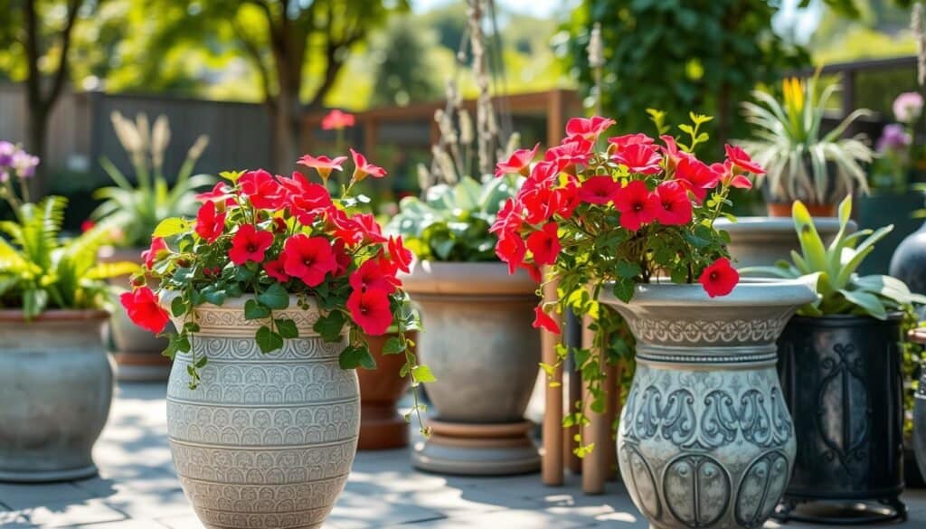 A serene outdoor scene showcasing an array of elegantly designed pots and planters filled with vibrant, lush plants. In the foreground, focus on a beautifully textured ceramic pot adorned with intricate patterns, overflowing with bright geraniums and cascading ivy. The middle ground features a variety of wooden and metal planters, each housing different plants like ferns and succulents, creating a harmonious balance of colors and shapes. In the background, a soft-focus image of a well-maintained garden adds depth, with dappled sunlight filtering through the leaves, enhancing the bright, natural light. The atmosphere is tranquil and inviting, evoking a sense of freshness and balance, perfect for enhancing any outdoor setting. The scene captures the essence of nature, aiming for a clear, realistic portrayal in a well-lit, airy environment.